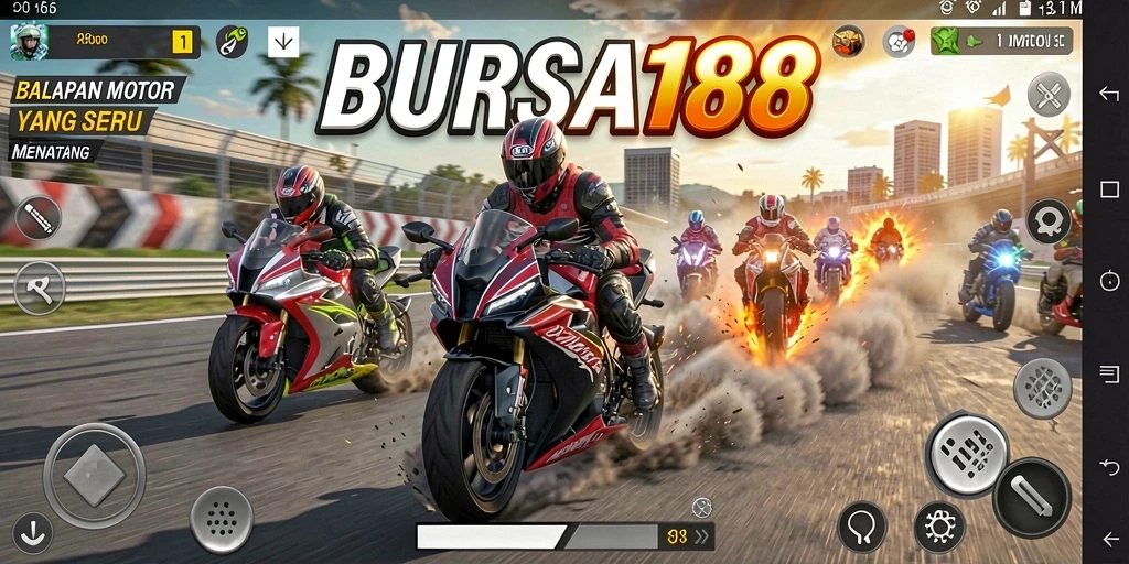 Tampilan gameplay SERU BURSA188 dengan balapan motor yang mendebarkan.