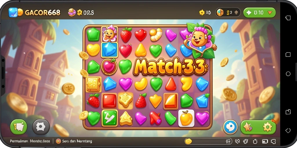 Tampilan gameplay <strong>GACOR668</strong> dengan permata berwarna-warni yang sedang dicocokkan.