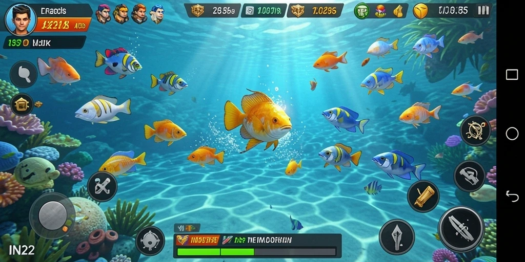 Screenshot IN22 menunjukkan aksi menembak ikan yang seru dan penuh warna.