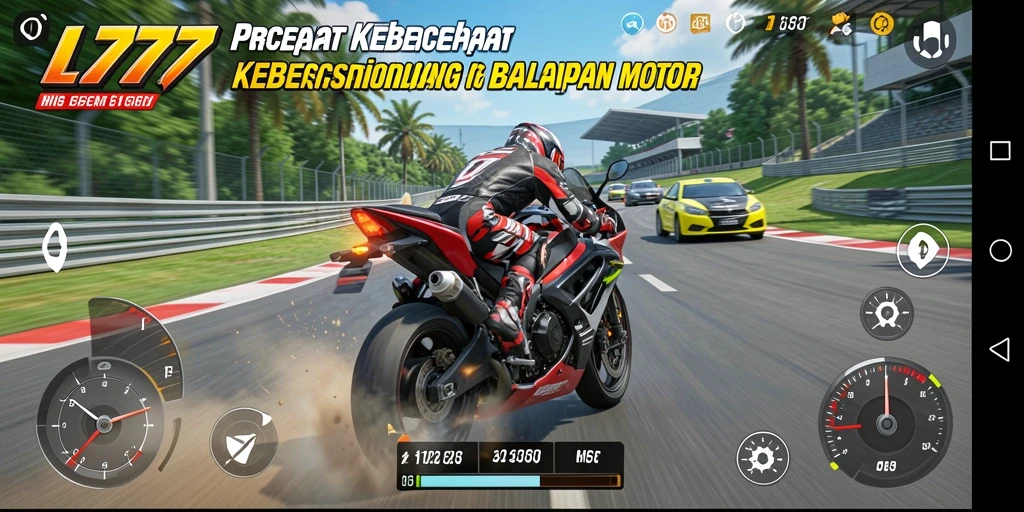 Screenshot L777 menampilkan aksi balapan motor yang intens dan mendebarkan.