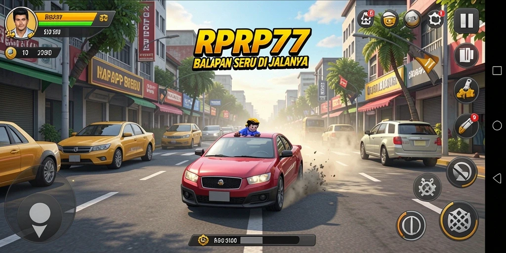 Screenshot gameplay RPRP777 yang menampilkan balapan seru di jalanan.